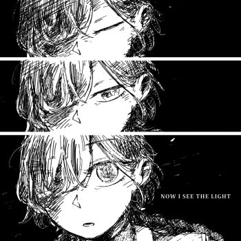 1girl 524ryo black_background closed_eyes commentary english_commentary english_text greyscale half-closed_eyes highres long_hair looking_at_viewer monochrome open_mouth opening_eyes original sequential slit_pupils