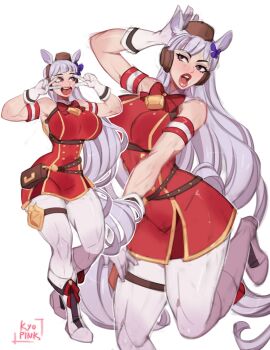 1girl absurdres animal_ears armband belt_pouch blunt_bangs boots bow bowtie breasts bridle brown_hat double_v dress ear_bow ear_covers ear_ribbon full_body gloves gold_ship_(red_strife)_(umamusume) gold_ship_(umamusume) grey_hair hat highres horse_ears horse_girl horse_tail kyopink large_breasts leggings lips long_hair muscular muscular_female open_mouth pantyhose pillbox_hat pouch purple_bow purple_eyes red_armband red_bow red_bowtie red_dress sleeveless sleeveless_dress smile striped_armband striped_clothes tail thigh_strap tongue umamusume v white_boots white_gloves white_leggings white_pantyhose