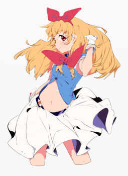 1girl aikatsu! aikatsu!_(series) blue_shirt blush bow bow_hairband commentary cropped_legs gloves grey_background hairband hoshimiya_ichigo long_hair looking_at_viewer navel orange_hair red_bow red_eyes red_hairband shirt simple_background skirt sleeveless smile sohin solo stomach white_gloves white_skirt