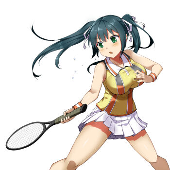 1girl artist_request bare_shoulders collared_shirt commentary_request egao_no_riyuu feet_out_of_frame green_eyes green_hair hair_ribbon haruno_mahiru highres holding holding_tennis_racket long_hair miniskirt open_mouth pleated_skirt racket ribbon shirt simple_background skirt sleeveless sleeveless_shirt solo sportswear tennis_racket tennis_skirt tennis_uniform twintails white_background white_ribbon white_skirt wristband yellow_shirt