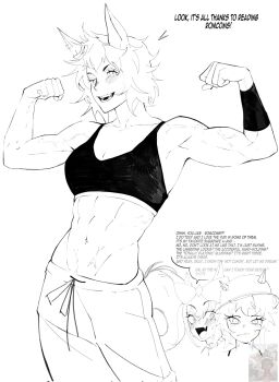 2girls :/ @_@ abs agnes_digital_(umamusume) animal_ears armpits arms_up biceps blush bow clenched_hands closed_mouth commentary constricted_pupils crazy_eyes double_biceps_pose drawstring ears_through_headwear english_commentary english_text fang fangs fine_art_parody flexing hair_bow helmet highres horse_ears horse_girl horse_tail looking_at_viewer mejiro_ryan_(umamusume) messy_hair monochrome multiple_girls muscular muscular_female navel one_eye_closed open_mouth pants parody raised_eyebrows reference_inset short_hair skin_fang smile sports_bra stomach sweat sweatpants tail the_two-thousand_yard_stare theheavenpit umamusume veins veiny_arms veiny_stomach wristband