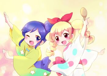Rule 34 | 2girls, aikatsu! (series), arm up, blue hair, blush, bow hairband, braid, commentary request, green kimono, hair between eyes, hair bun, hairband, holding, hoshimiya ichigo, japanese clothes, kimono, kiriya aoi, looking at another, multiple girls, one eye closed, open mouth, polka dot, polka dot kimono, red eyes, tarabagani, twin braids, wide sleeves