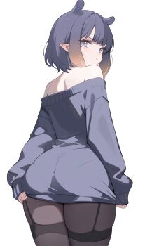 1girl :t absurdres ass bare_shoulders blue_eyes commentary english_commentary garter_straps highres hololive hololive_english koahri looking_at_viewer mole mole_under_eye ninomae_ina'nis off-shoulder_sweater off_shoulder pantyhose pointy_ears purple_hair solo standing sweater thighhighs virtual_youtuber white_background