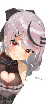 Rule 34 | 1girl, absurdres, bandaid, bandaid hair ornament, black bow, black dress, black streaks, blush, bow, breasts, cleavage, cleavage cutout, clothing cutout, commentary request, dress, ear piercing, grey hair, hair bow, hair ornament, heart cutout, highres, hololive, large breasts, looking at viewer, medium hair, multicolored hair, nema 029, official alternate costume, piercing, ponytail, red eyes, sakamata chloe, sakamata chloe (jirai kei), sleeveless, sleeveless dress, smile, solo, streaked hair, virtual youtuber, white background, x hair ornament