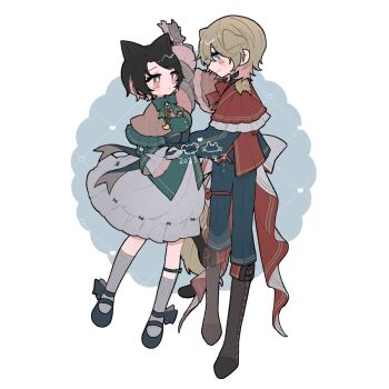 Rule 34 | 1boy, 1girl, animal ears, black hair, black shoes, blonde hair, blue pants, blue shirt, boots, brown boots, brown capelet, brown eyes, capelet, cat ears, cat girl, commentary request, dancing, dated, dog boy, dog ears, final fantasy, final fantasy xvi, full body, green shirt, grey skirt, grey socks, hair between eyes, highres, holding hands, joshua rosfield, jote (ff16), kemonomimi mode, light blush, mary janes, ohayo usaki, pants, red capelet, ribbed socks, shirt, shoes, short hair, skirt, smile, socks, swept bangs