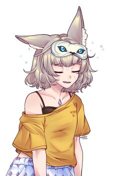 1girl absurdres animal_ear_fluff animal_ears closed_eyes collarbone commentary english_commentary facial_mark fang fehden highres mask mask_on_head nia_(xenoblade) off_shoulder parted_lips shirt short_sleeves shorts simple_background single_ear_down sleep_mask solo white_background white_shorts xenoblade_chronicles_(series) xenoblade_chronicles_2 yellow_shirt