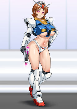 1girl @_@ blush boots breasts brown_eyes brown_hair clenched_teeth clothing_request cosplay_request fraw_bow gun gundam hadant hand_on_own_hip high-waist_panties high_heel_boots high_heels holding holding_gun holding_weapon hypnosis knee_boots mecha medium_hair mind_control mobile_suit_gundam navel parted_lips purple_eyes robot solo stomach teeth underboob weapon white_boots