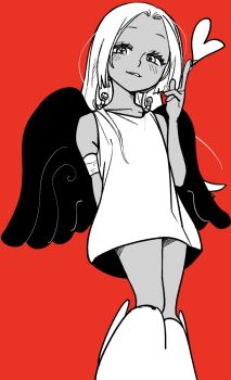 1girl :3 aliasing alternate_footwear angel_wings arm_behind_back armband bare_arms bare_legs bare_shoulders black_wings blood blush collarbone dark-skinned_female dark_skin dress earrings feathered_wings female_focus from_below green_blood greyscale_with_colored_background half-closed_eyes head_tilt heart highres jewelry legs_together long_hair looking_at_viewer masshutake mero_mero_no_mi one_piece parted_lips red_background s-snake seraphim_(one_piece) simple_background sleeveless sleeveless_dress smile snake_earrings solo star-shaped_pupils star_(symbol) symbol-shaped_pupils tareme white_dress white_footwear white_hair wings