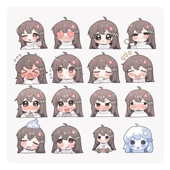 &gt;_&lt; 1girl absurdres ahoge angry blush brown_eyes brown_hair closed_eyes closed_mouth commentary english_commentary flying_sweatdrops hair_ornament happy heart heart-shaped_eyes highres long_sleeves multiple_expressions multiple_views nose_blush notice_lines open_mouth original possummachine rabbit_hair_ornament smile smug sweater teeth upper_teeth_only v white_sweater