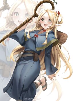 1girl blonde_hair blue_capelet blue_dress braid breasts capelet choker commentary dress dungeon_meshi elf english_commentary green_eyes highres holding long_hair long_sleeves marcille_donato open_mouth pointy_ears red_choker sannmako smile solo zoom_layer