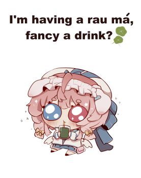 1girl absurdres animal_ears belt_pouch blue_eyes blue_shirt blush bow chibi commentary cup denim denim_shorts dog_ears drinking_straw drinking_straw_in_mouth english_text floppy_ears hair_between_eyes hair_bow heterochromia highres indie_virtual_youtuber jacket long_sleeves medium_hair mixed-language_text nairud pink_hair pouch red_eyes shirt shorts simple_background solo sparkle sparkling_aura star_(symbol) translated vietnamese_commentary vietnamese_text virtual_youtuber white_background white_jacket white_wings wings yellow_bow yiyi_tenken