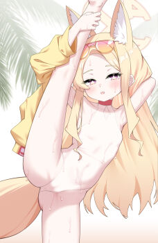 1girl absurdres animal_ear_fluff animal_ears blonde_hair blue_archive breasts commentary_request eyewear_on_head fox_ears fox_girl fox_tail hair_down halo highleg highleg_one-piece_swimsuit highres loli long_hair looking_at_viewer official_alternate_costume one-piece_swimsuit otakummm seia_(blue_archive) seia_(swimsuit)_(blue_archive) sidelocks small_breasts solo split standing standing_on_one_leg standing_split sunglasses sweat swimsuit tail white_one-piece_swimsuit yellow_halo