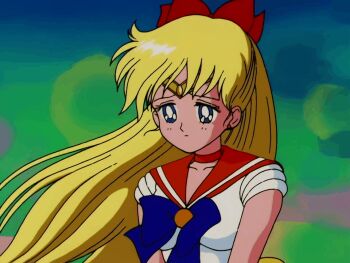 1girl adult_swim aino_minako animated animated_gif bishoujo_senshi_sailor_moon blonde_hair blue_bow blue_eyes blurry blurry_background bow female long_hair looking_down magical_girl orange_sailor_collar ribbon sad sailor_collar sailor_senshi_uniform sailor_venus short_sleeves toei_company toonami