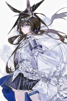 1girl amiya_(arknights) amiya_(guard)_(arknights) amiya_(guard)_(in_a_myriad_of_universes)_(arknights) animal_ears arknights black_hat black_skirt blue_eyes brown_hair chinese_commentary closed_mouth commentary_request cowboy_shot hair_between_eyes happy_birthday hat highres long_hair long_sleeves puffy_long_sleeves puffy_sleeves rabbit_ears rabbit_girl shirt simple_background skirt solo standing white_background white_shirt ye83360002