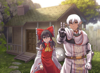 Rule 34 | 1boy, 1girl, armor, ascot, bow, brown hair, buront, chiaki rakutarou, crossover, detached sleeves, final fantasy, final fantasy xi, frilled bow, frilled hair tubes, frills, gauntlets, hair between eyes, hair bow, hair tubes, hakurei reimu, house, kedama (touhou), red shirt, red skirt, shirt, skirt, the iron of yin and yang, touhou, v, white hair, yellow ascot