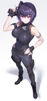 1girl absurdres arm_strap armband artist_name bare_arms bare_shoulders belt black_boots black_gloves black_hair black_leotard black_pants boots breasts commentary_request covered_collarbone covered_navel fingerless_gloves full_body ghost_in_the_shell ghost_in_the_shell:_sac_2045 gloves gomashio_ponz gun hair_between_eyes hand_on_own_hip hand_up handgun highleg highleg_leotard highres holding holding_gun holding_weapon kusanagi_motoko large_breasts leggings leotard looking_at_viewer pants pistol pouch purple_eyes purple_hair short_hair sleeveless smile solo standing thigh_pouch thigh_strap trigger_discipline twitter_username watermark weapon wide_hips