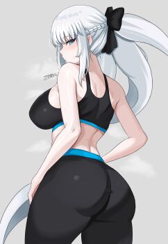 1girl absurdres ass back black_bow black_pants black_sports_bra blue_eyes blush bow braid breasts fate/grand_order fate_(series) grey_hair hair_bow highres icbm100 large_breasts long_hair looking_at_viewer looking_back morgan_le_fay_(fate) pants ponytail sidelocks solo sports_bra thighs very_long_hair yoga_pants