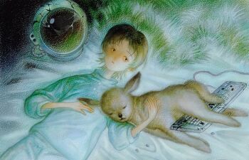 1girl baby_animal bed black_hair computer_keyboard crack cracked_helmet expressionless grass helmet lamb lying on_back original shanyeyuri sheep short_hair solo space_helmet upper_body