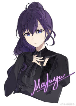 Rule 34 | 1girl, arm under breasts, asahina mafuyu, black ribbon, black shirt, character name, closed mouth, cropped torso, dove 521, expressionless, hair between eyes, hair over shoulder, hand up, hashtag-only commentary, high ponytail, highres, itsuka zetsubou no soko kara (project sekai), juliet sleeves, long hair, long sleeves, looking at viewer, neck ribbon, official alternate costume, ponytail, project sekai, puffy sleeves, purple eyes, purple hair, ribbon, shirt, sidelocks, simple background, sleeve belt, solo, upper body, watermark, weibo watermark, white background