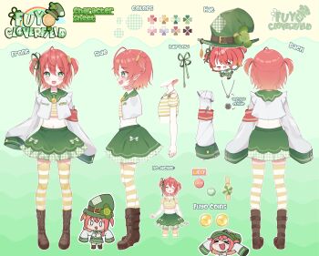 1girl absurdres armband boots bow brown_footwear character_name reference_sheet clover coin coin_(ornament) color_guide crop_top cropped_jacket flat_chest fuyo_cloverfield fuyo_cloverfield_(artist) garter_straps green_bow green_eyes green_hat green_ribbon green_sailor_collar green_skirt hair_ornament hair_ribbon hat heart heart_necklace highres chromashift jacket jewelry long_sleeves midriff multiple_views navel necklace open_mouth pointy_ears red_armband red_hair ribbon safety_pin sailor_collar short_hair skirt sleeves_past_fingers sleeves_past_wrists sparkling_eyes striped_clothes striped_thighhighs thighhighs two_side_up virtual_youtuber white_jacket white_thighhighs yellow_thighhighs
