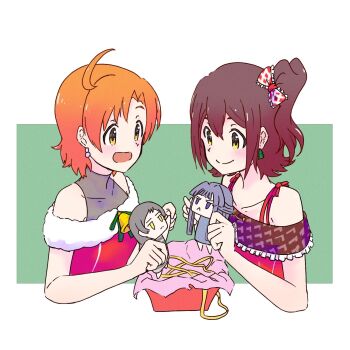 2girls ahoge bow brown_hair character_doll checkered_bow checkered_clothes christmas_tree_earrings closed_mouth collarbone cropped_torso doll earrings hair_bow highres holding holding_doll idolmaster idolmaster_million_live! jewelry kasuga_mirai kelvin1996c kitazawa_shiho mogami_shizuka multiple_girls one_side_up open_mouth orange_hair red_bow santa_costume short_hair simple_background smile white_background yabuki_kana yellow_eyes