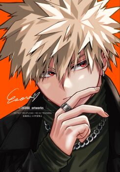 1boy arm_up bakugou_katsuki black_jacket black_shirt boku_no_hero_academia closed_mouth commentary_request earrings esora-arts frown highres jacket jewelry long_sleeves looking_to_the_side male_focus open_clothes open_jacket orange_background piercing portrait red_eyes ring shirt signature simple_background single_earring sleeves_past_wrists solo turtleneck watermark
