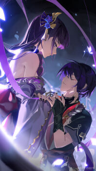 19543275 1boy 1girl absurdres artist_name back back_bow bare_shoulders black_nails blue_background blunt_bangs bow braid bridal_gauntlets bug butterfly cherry_blossoms chinese_commentary closed_eyes closed_mouth crying crystalfly_(genshin_impact) detached_collar expressionless eyeliner falling_petals fan_hair_ornament flower flower_ornament from_side genshin_impact glowing glowing_hair glowing_petals gradient_background gradient_hair hair_between_eyes hair_ornament hair_over_shoulder hand_on_another&#039;s_arm hand_on_another&#039;s_cheek hand_on_another&#039;s_face highres insect japanese_clothes jewelry kimono layered_clothes leaning_back leaning_forward light_particles long_braid long_hair long_sleeves looking_down makeup miyoushe_watermark mole mole_under_eye mother_and_son multicolored_hair off_shoulder pendant petals purple_background purple_eyes purple_flower purple_hair purple_kimono purple_ribbon raiden_shogun red_eyeliner red_sash ribbon sash scaramouche_(genshin_impact) shade short_hair short_sleeves single_braid upper_body watermark wide_sleeves