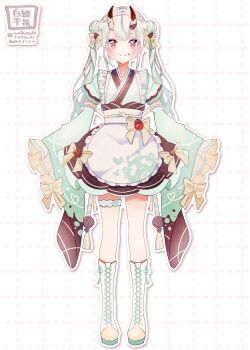 Rule 34 | 1girl, :t, absurdres, alternate costume, apron, commentary request, double bun, fang, food, frills, fruit, full body, green hair, hair between horns, hair bun, hair ornament, highres, hololive, horns, legband, long hair, long sleeves, looking at viewer, maid headdress, multicolored hair, nakiri ayame, oni, red eyes, satsuki (pixiv 742410), simple background, skin fang, solo, strawberry, virtual youtuber, white apron, wide sleeves