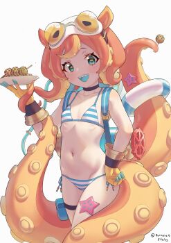 Rule 34 | 1girl, absurdres, artist name, bikini, blue bikini, blue eyes, dated, food, highres, holding, holding plate, innertube, looking at viewer, navel, open mouth, orange hair, plate, princess connect!, ruinone, rurui (princess connect!), sharp teeth, short hair, signature, simple background, solo, striped bikini, striped clothes, swim ring, swimsuit, takoyaki, teeth, tentacle girl, tentacle hair, upper teeth only, white background
