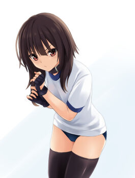 1girl black_gloves blue_background blue_buruma blush brown_collar brown_hair brown_thighhighs buruma cameltoe closed_mouth collar commentary_request fingerless_gloves gloves gym_shirt gym_uniform hair_between_eyes hands_up highres kono_subarashii_sekai_ni_shukufuku_wo! leaning_forward long_hair looking_at_viewer megumin nonaka_ritsu red_eyes shirt short_sleeves solo thighhighs two-tone_background v-shaped_eyebrows white_background white_shirt