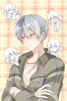 1boy 1girl :o aoyagi_touya azusawa_kohane bamdo_sekai blue_hair blush booo!_(vocaloid) cardiogram closed_eyes closed_mouth collared_shirt commentary_request count_pearl_(project_sekai) crossed_arms earrings flower food grey_eyes hair_between_eyes hair_ornament hairclip hairpin hands_on_own_face hands_up heart hetero highres holding jewelry korean_commentary layered_clothes long_sleeves multicolored_hair nervous_sweating official_alternate_costume open_collar pleated_skirt project_sekai pudding purple_flower shirt short_hair short_twintails skirt smile split_mouth spoon sweat twintails two-tone_hair upper_body