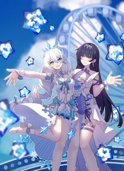 2girls absurdres ahoge bare_shoulders blue_hair breasts commentary criss-cross_halter diamond_(shape) dress drill_hair earrings ferris_wheel floral_print halterneck high_heels highres honkai_(series) honkai_impact_3rd jewelry kiana_kaslana kiana_kaslana_(ba-dum!_fiery_wishing_star) large_breasts long_hair looking_at_viewer multiple_girls official_alternate_costume one-piece_swimsuit purple_hair raiden_mei raiden_mei_(crooning_tides) raiden_mei_(herrscher_of_origin) ribbon single_earring snowflakes star_(symbol) swimsuit symbol-shaped_pupils thigh_strap tiara very_long_hair white_hair yichuanxue yuri