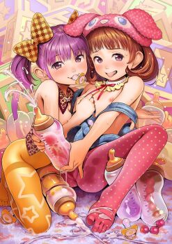 2futa anal_beads artificial_vagina baby_bottle bare_shoulders blush bottle bow brown_hair chipokan cum cum_in_container cum_on_body cum_on_feet detached_collar ejaculation feet futanari hat loli masturbation multiple_futa multiple_girls nipples no_testicles pacifier purple_hair sex_toy skin_tight star_(symbol) tagme tongue tongue_out