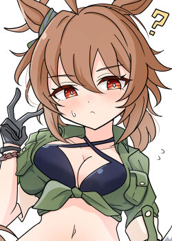 1girl ? absurdres agnes_tachyon_(lunatic_lab)_(umamusume) agnes_tachyon_(umamusume) ahoge animal_ears arnolddayo bikini black_bikini black_gloves blush breasts brown_hair cleavage closed_mouth collarbone criss-cross_halter gloves green_jacket hair_between_eyes halterneck highres horse_ears horse_girl jacket large_breasts looking_at_viewer medium_hair navel official_alternate_costume open_clothes red_eyes simple_background solo stomach sweatdrop swimsuit tied_jacket umamusume upper_body v white_background