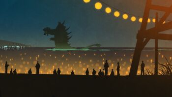 bag commentary_request femigon festival from_behind giant giant_monster glowing glowing_eyes grass hand_fan handbag holding holding_bag japanese_clothes kaette_kita_ultraman kaiju kimono lantern lantern_on_liquid mohawk mountain multiple_boys multiple_girls night ocean oudoors paper_fan paper_lantern partially_submerged perori_(peroringa) scenery silhouette sky spikes summer_festival tail tokusatsu uchiwa ultra_series waddle_(anatomy) water yagura_(platform)