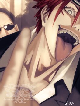 Rule 34 | 2boys, 5tatsu, artist name, bald, black jacket, collared shirt, commentary request, facial mark, final fantasy, final fantasy vii, final fantasy vii remake, goggles, goggles on head, grey eyes, hair between eyes, highres, jacket, looking at viewer, male focus, middle finger, multiple boys, open mouth, red eyes, reno (ff7), rude (ff7), shirt, short hair, smile, suit jacket, sunglasses, tongue, tongue out, upper body, white shirt