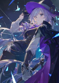 1girl adjusting_clothes adjusting_headwear arm_up asymmetrical_gloves black_background black_gloves black_pantyhose black_shorts blue_eyes blush breasts cape closed_mouth commentary_request detective detective_(silver_palace) drill_hair drill_sidelocks fedora female_detective_(silver_palace) floating_hair from_behind from_below from_side gauntlets glass_shards gloves gradient_background hair_between_eyes hair_over_one_eye hat highres holding holding_sword holding_weapon lens_flare light_particles long_hair long_sleeves looking_ahead medium_breasts modare multicolored_hair pantyhose purple_hair rapier red_pupils short_shorts shorts sidelocks silver_palace single_gauntlet solo string sword thighs two-sided_cape two-sided_fabric two-sided_headwear very_long_hair vest waistcoat weapon white_hair