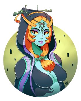 1girl 2018 absurdres arm_tattoo arms_at_sides artist_logo artist_name black_skin blue_skin breasts circlet cloak collarbone colored_sclera colored_skin commentary dated english_commentary eyeshadow front_ponytail hair_tie highres hood hood_up hooded_cloak light_smile logo medium_breasts midna midna_(true) multicolored_skin nintendo no_nipples parted_lips purple_eyeshadow purple_lips ravenousruss red_eyes tattoo the_legend_of_zelda the_legend_of_zelda:_twilight_princess thick_lips two-tone_skin v-shaped_eyebrows yellow_sclera