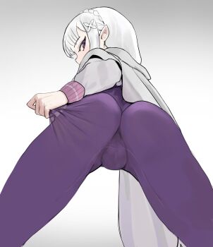 1girl absurdres ass bent_over bodysuit braid cameltoe cinn_angl cloak commentary emilia_(re:zero) english_commentary flat_chest flower grey_background grey_hair hair_ornament highres hood hooded_cloak long_hair looking_at_viewer looking_back official_alternate_costume pointy_ears pulling_own_clothes purple_bodysuit purple_eyes pussy re:zero_kara_hajimeru_isekai_seikatsu simple_background solo white_cloak white_hair x_hair_ornament
