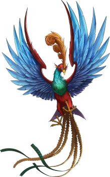 Rule 34 | artist request, bird, blue eyes, blue feathers, demon (megami tensei), feathers, feng huang (megami tensei), fenghuang, highres, no humans, official art, persona, persona 5, persona 5: the phantom x, red feathers, shin megami tensei, solo, third-party source, transparent background, yellow feathers