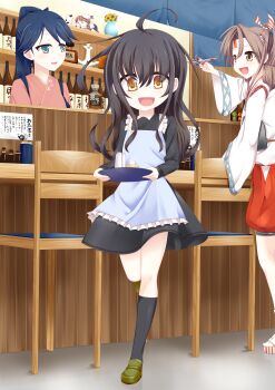 Rule 34 | > <, 10s, 4girls, :d, absurdres, ahoge, aircraft, airplane, alcohol, anchor symbol, apron, bar (place), bottle, cat, chair, error musume, closed eyes, flower, hachimaki, headband, high ponytail, highres, houshou (kancolle), indoors, japanese clothes, kantai collection, kneehighs, kneeling girl (kancolle), liquor, loafers, long hair, looking at viewer, masu, mikazuki (kancolle), multiple girls, mutenka, open mouth, ponytail, restaurant, sake bottle, shelf, shoes, smile, socks, sunflower, tasuki, tokkuri, tray, vase, zuihou (kancolle)