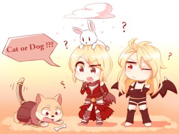 1girl 2boys ? animal_ears black_shorts black_wings blckbrd17 blonde_hair bone brown_capelet brown_pants cape capelet cat_boy cat_ears cat_tail chibi chibi_only closed_mouth cloud_over_head commentary demon_boy demon_wings english_commentary fang full_body furry furry_male guillotine_cross_(ragnarok_online) incubus_(ragnarok_online) leotard long_hair looking_at_another multiple_boys official_alternate_costume open_mouth pants rabbit ragnarok_online red_eyes red_leotard short_hair shorts summoner_(ragnarok_online) tail tail_armor torn_cape torn_clothes waist_cape wings