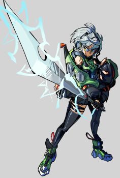 Rule 34 | 1girl, anby demara, bare shoulders, belt, black gloves, black skirt, black thighhighs, braid, braided sidelock, commentary, electricity, english commentary, fingerless gloves, full body, gloves, green jacket, green sleeves, grey background, grey hair, headphones, highres, holding, holding sword, holding weapon, jacket, looking to the side, multicolored sleeves, orange eyes, pendingshift, short hair, simple background, skirt, solo, sword, thigh belt, thigh strap, thighhighs, weapon, zenless zone zero