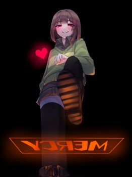 1other androgynous black_thighhighs bob_cut brown_hair chara_(undertale) green_sweater highres kohaku_chara red_eyes short_hair smug soul_(deltarune) stepping sweater thighhighs undertale user_interface utdr_(toby_fox)