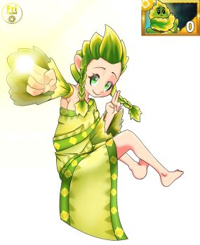 1girl artist_name barefoot braid closed_mouth commentary detached_sleeves eyelashes finger_gun fri_vulcan full_body glowing glowing_finger green_eyes green_hair green_robe highres official_art_inset personification plants_vs._zombies plants_vs._zombies_2 reference_inset robe simple_background smile solar_sage_(plants_vs._zombies) solo twin_braids twintails white_background