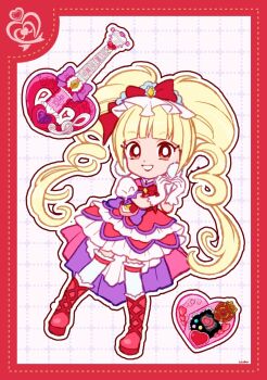 1girl aisaki_emiru bag_bow blonde_hair blunt_bangs boots border bow bowtie bright_pupils brooch collared_shirt cure_macherie deformed dotted_line dress drill_hair earrings electric_guitar eyelashes frilled_dress frilled_footwear frilled_socks frills full_body gloves grid_background grin guitar hair_bow heart heart_hands highres hugtto!_precure instrument jewelry lace-up_boots large_earrings lipstick long_hair magical_girl makeup mascara medium_dress outline over-kneehighs pink_bag pom_pom_(clothes) pom_pom_earrings precure puffy_short_sleeves puffy_sleeves red_boots red_border red_bow red_bowtie red_dress red_eyes red_lips shirt short_sleeves signature smile socks solo tareme thighhighs train_(clothing) twin_drills twintails two-tone_bag uwded_207 very_long_hair waist_bag white_background white_bag white_gloves white_outline white_pupils white_sleeves white_socks