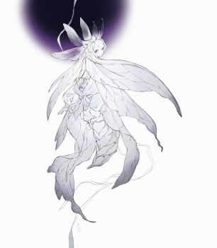 Rule 34 | 1girl, arthropod girl, colored skin, commentary request, full body, grey eyes, head wings, highres, hoshi rousoku, human head, insect wings, looking at viewer, looking back, monster girl, original, solo, white background, white hair, white skin, wings