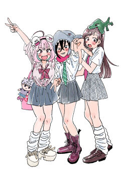 Rule 34 | #unicus (idolmaster), 3girls, ahoge, alternate costume, bow, bowtie, character doll, doll, double v, fangs, foreshortening, full body, grin, gyaru, gyaru v, highres, idolmaster, idolmaster cinderella girls, kate jgk, kogal, looking at viewer, loose bowtie, loose socks, multiple girls, outstretched arm, pink shirt, pleated skirt, school uniform, shirt, simple background, skirt, smile, socks, sunazuka akira, tsujino akari, v, white background, white shirt, yumemi riamu