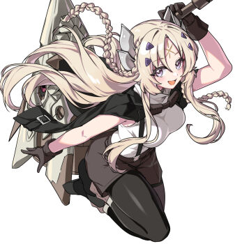 1girl blonde_hair breasts commentary_request duel_monster ebi_bento ecclesia_(yu-gi-oh!) facial_mark fake_horns forehead_mark gloves goggles goggles_around_neck grey_eyes hair_ornament hammer holding holding_hammer horns incredible_ecclesia_the_virtuous long_hair open_mouth shorts smile solo suspender_shorts suspenders war_hammer weapon yu-gi-oh!