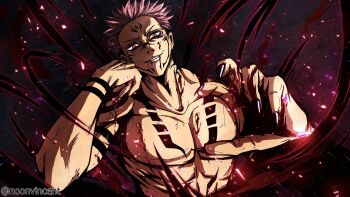 1boy arm_tattoo black_nails chest_tattoo commentary facial_tattoo forehead_tattoo highres jujutsu_kaisen looking_at_viewer male_focus multiple_tattoos muscular muscular_male noonvincent pectorals pink_hair ryoumen_sukuna_(jujutsu_kaisen) short_hair solo tattoo teeth twitter_username upper_body wrist_tattoo